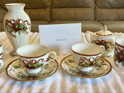 Tiffany & Co. Holly & Berry Holiday Teacups, Saucers, Mugs, Sugar Bowl, Vase Set