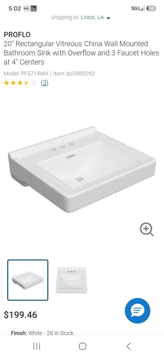 PROFLO PF5714WH 20" White Rectangular Vitreous China Wall Mount Bathroom Sink 3 Faucet Holes