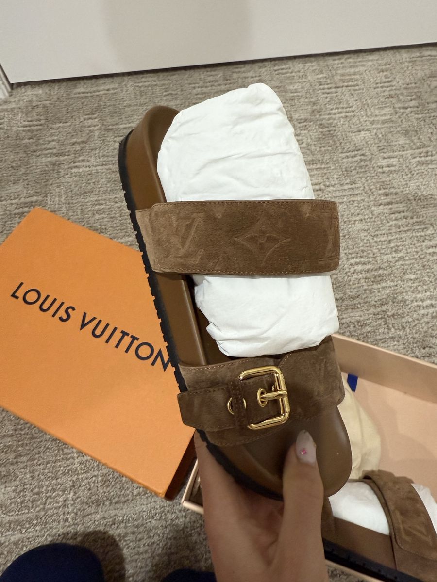 Louis Vuitton Beige Brown Buckle Monogram Slide Sandal