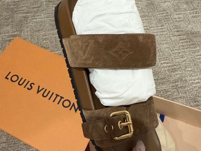 Louis Vuitton Beige Brown Buckle Monogram Slide Sandal