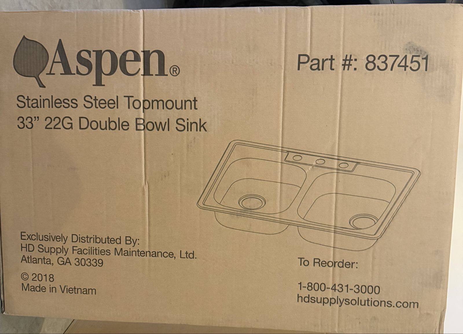 New in box 33" 22G Stainless Steel Topmount Double Bowl Kitchen Sink
