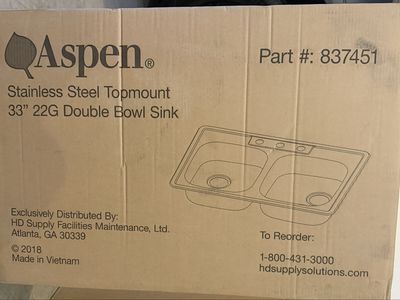 New in box 33" 22G Stainless Steel Topmount Double Bowl Kitchen Sink