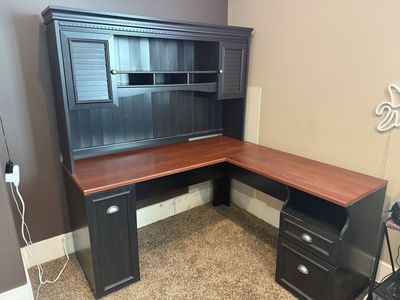 Black and Cherry L-Shaped Computer Desk with Hutch and Storage Drawers