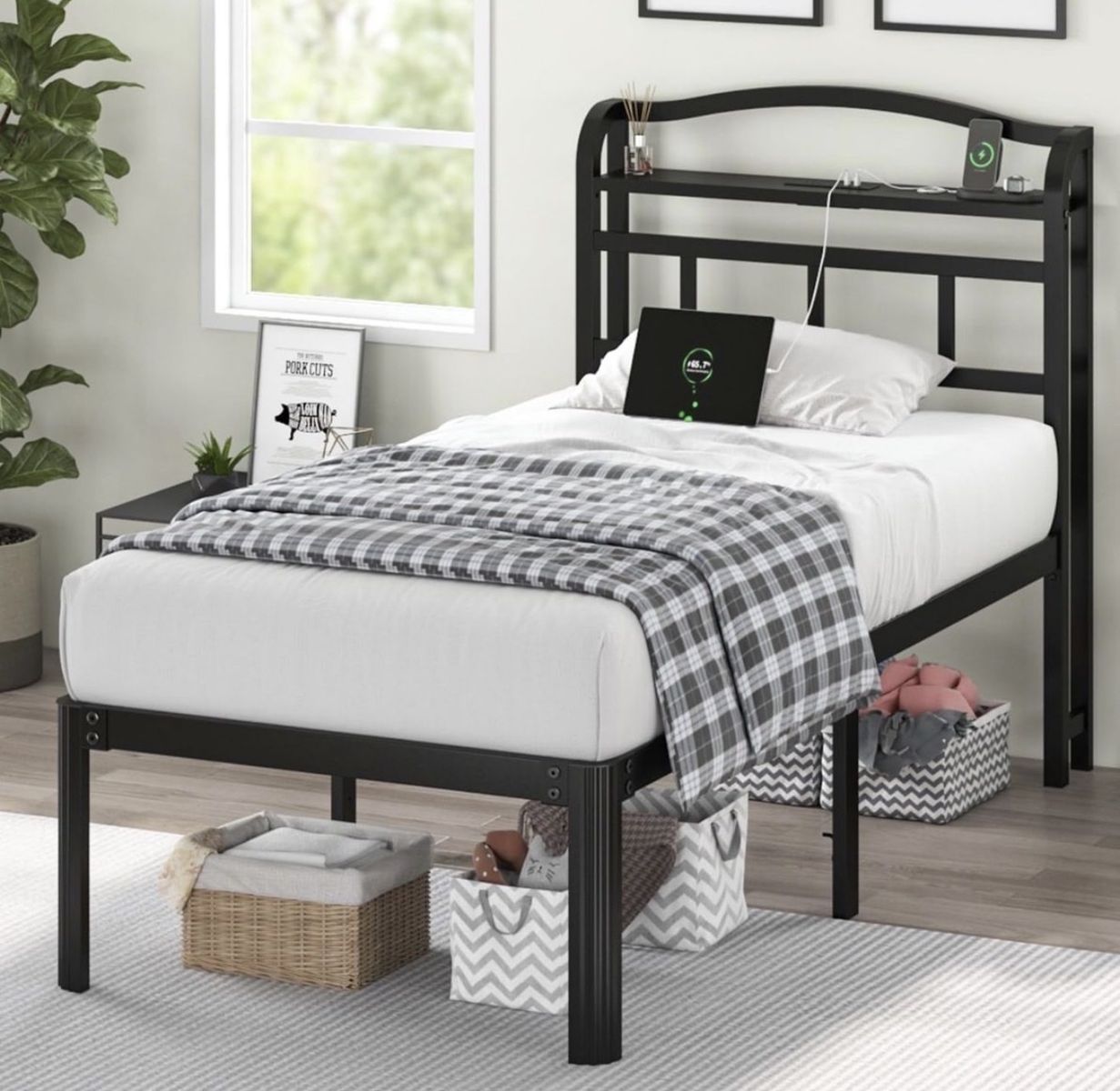 Black twin platform bed with charging station & storage headboard