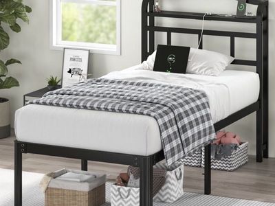 Black twin platform bed with charging station & storage headboard