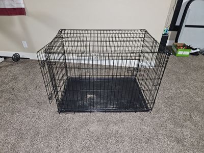 Folding Metal Wire Dog Crate with Tray & Assorted Dog Accessories Lot
