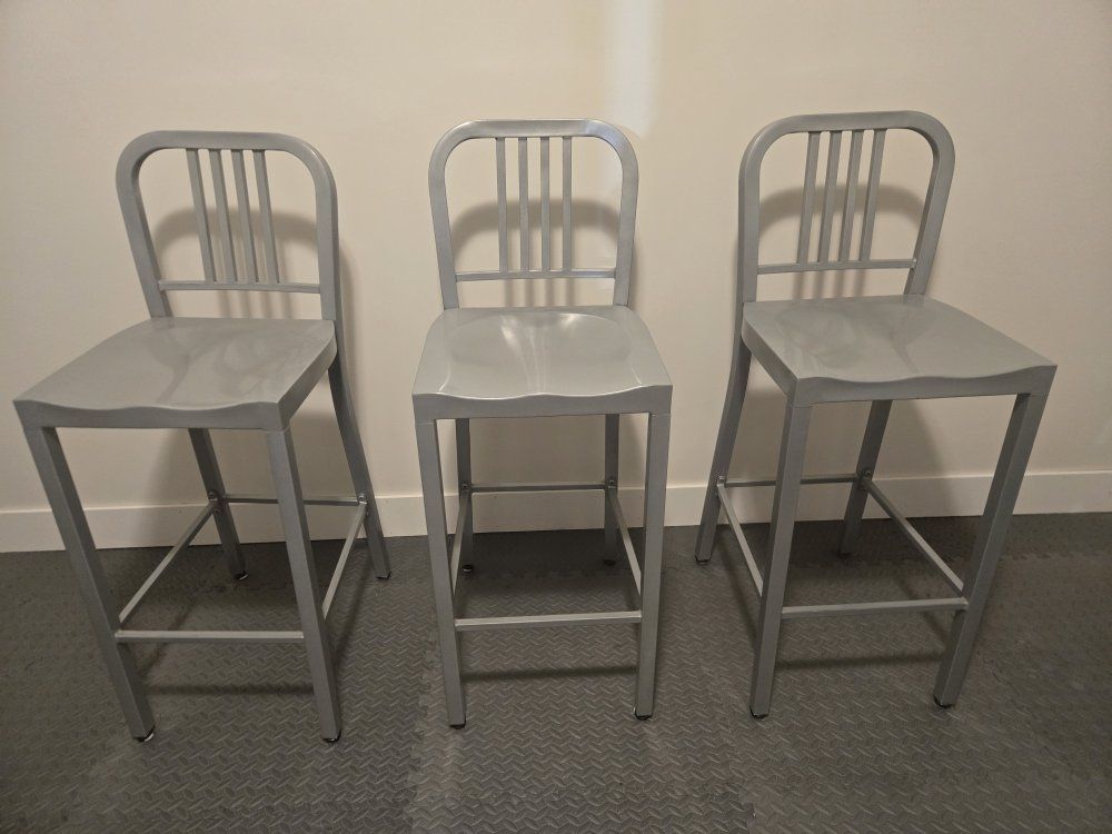 Set of 3 Silver Metal Industrial Style Bar Stools, 30" Seat Height