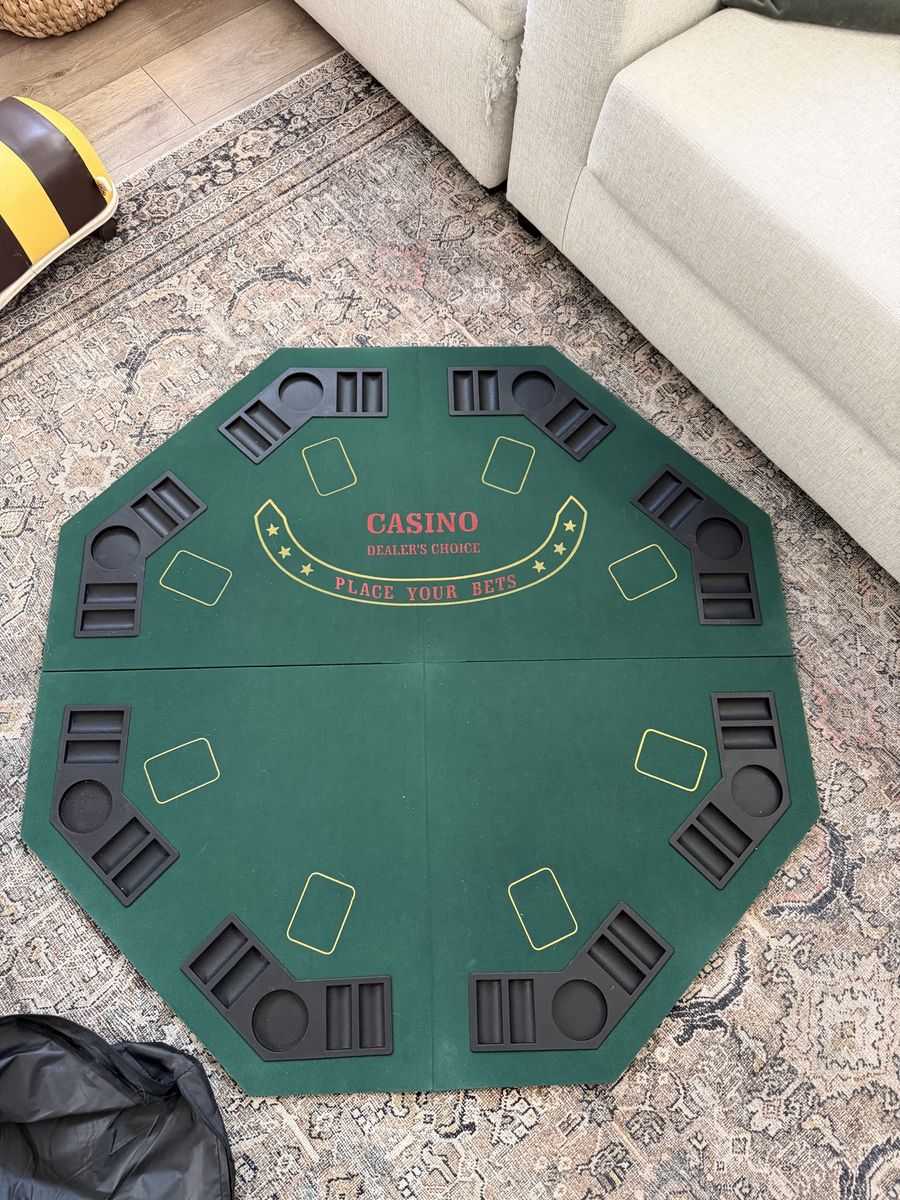 Folding Octagon Poker Table Top with Carrying Case and Complete Poker Chip Set and Four Chairs and Folding Table