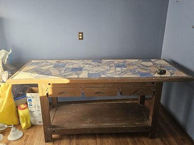 Rustic Tiled Top Console Table/Work Bench - Dark Wood Finish, Storage Shelf & Drawers