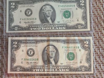 Two Dollar Bills - Two $2 US Notes - F 40152605 B & F 30462163 B - Collectible Currency