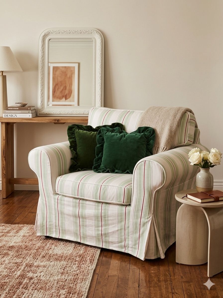 Green and pink Striped Armchair - Cottagecore / Grandmillenial