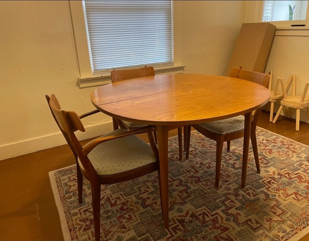 Classic Drexel Declaration dining table with 3 chairs - iconic mid-century design by Kipp Stewart & Stewart MacDougall (1950s).