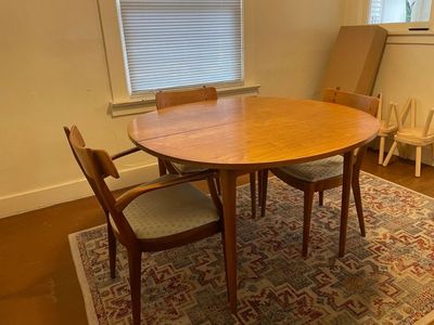 Classic Drexel Declaration dining table with 3 chairs - iconic mid-century design by Kipp Stewart & Stewart MacDougall (1950s).