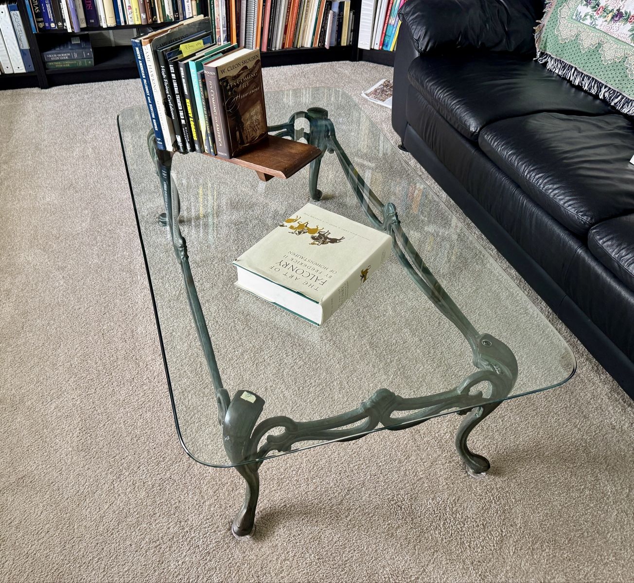 Vintage Style Glass Top Coffee Table with Decorative Wrought Iron Base (54" x 30" x 15")