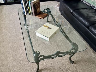 Vintage Style Glass Top Coffee Table with Decorative Wrought Iron Base (54" x 30" x 15")