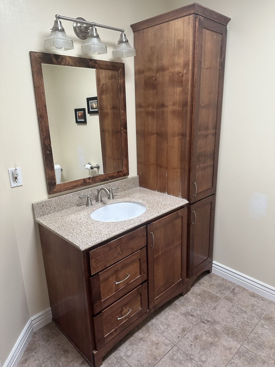 Alder bathroom vanity set with granite countertop, base cabinet, linen cabinet and mirror