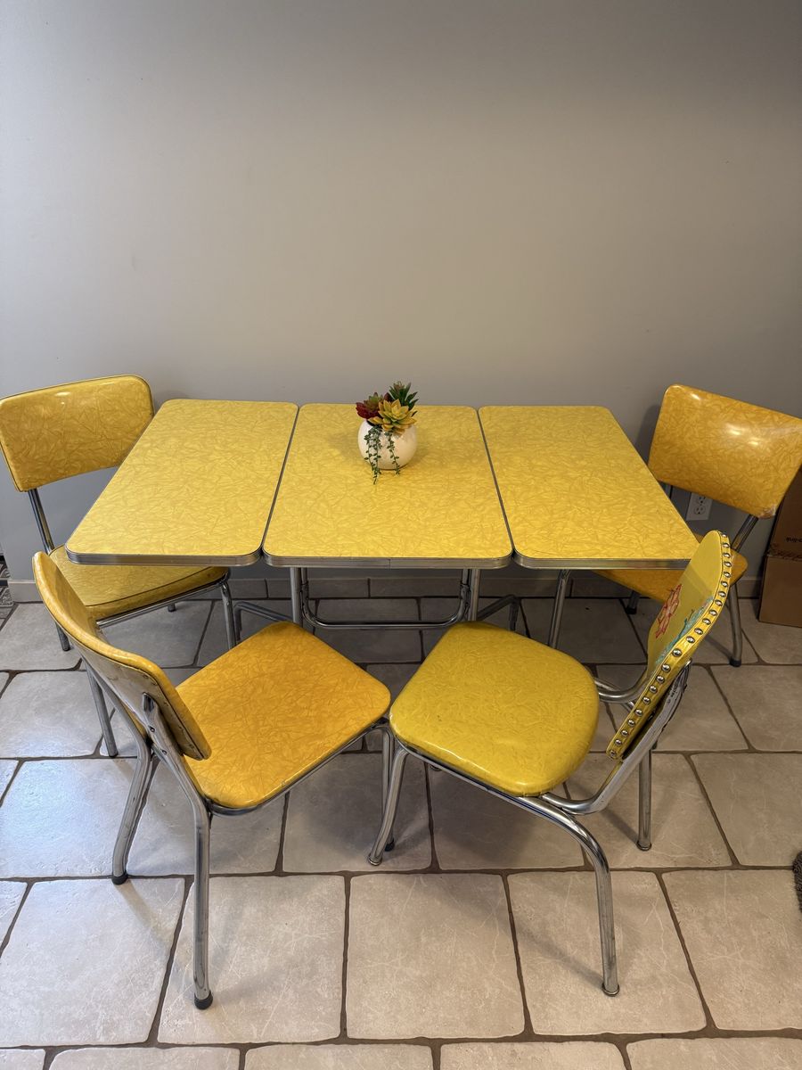 Vintage Mid-Century Yellow Formica Drop-Leaf Table & 4 Chairs - Retro Kitchen Dinette Set