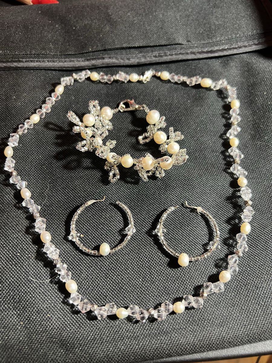Elegant Pearl & Crystal Beaded Necklace, Bracelet & Hoop Earrings Set - Silver Tone, Clear, White