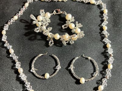 Elegant Pearl & Crystal Beaded Necklace, Bracelet & Hoop Earrings Set - Silver Tone, Clear, White