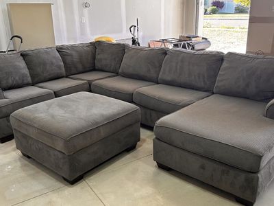 Large Gray Fabric Sectional Sofa Couch with Ottoman - 4-piece, Cozy & Spacious
