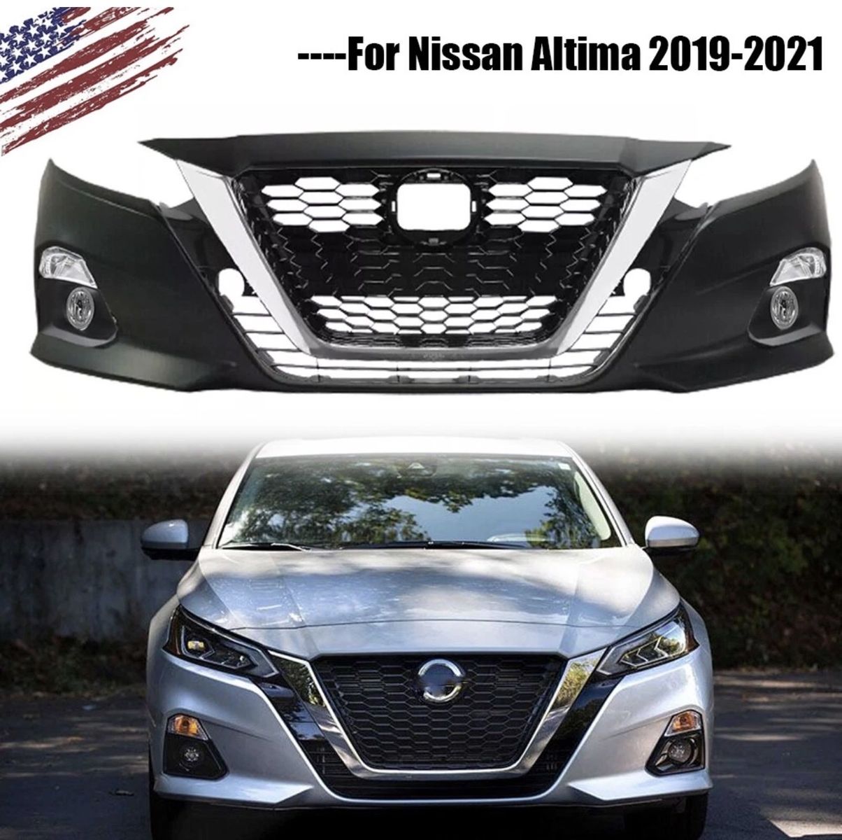 For Nissan Altima 2019-2021 Front Bumper Cover Fascia Fog Light Assembly & Grille Set