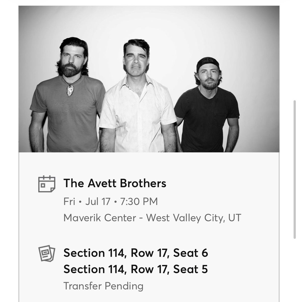 The Avett Brothers Concert Tickets - Maverik Center, July 17th, Section 114, Row 17 (2 Tickets)