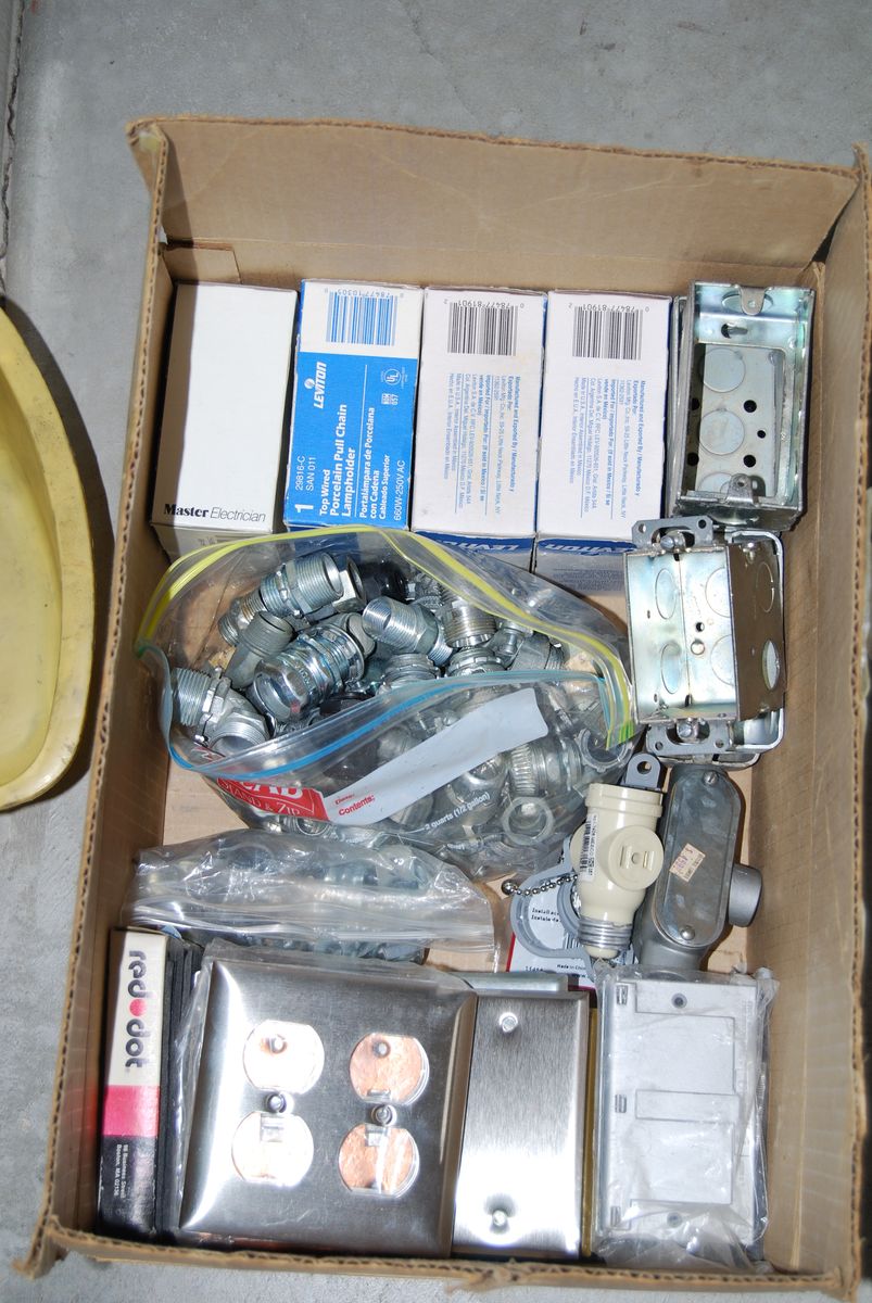 Box of misc. electrical boxes, covers and conduit hardware.