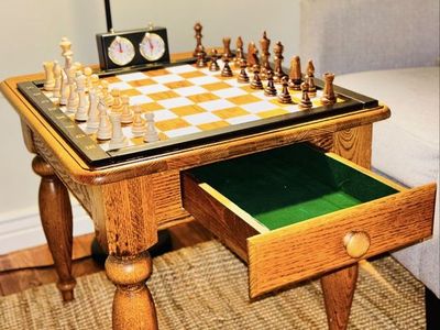 Handmade Oak Chess Table – Complete Set – $350