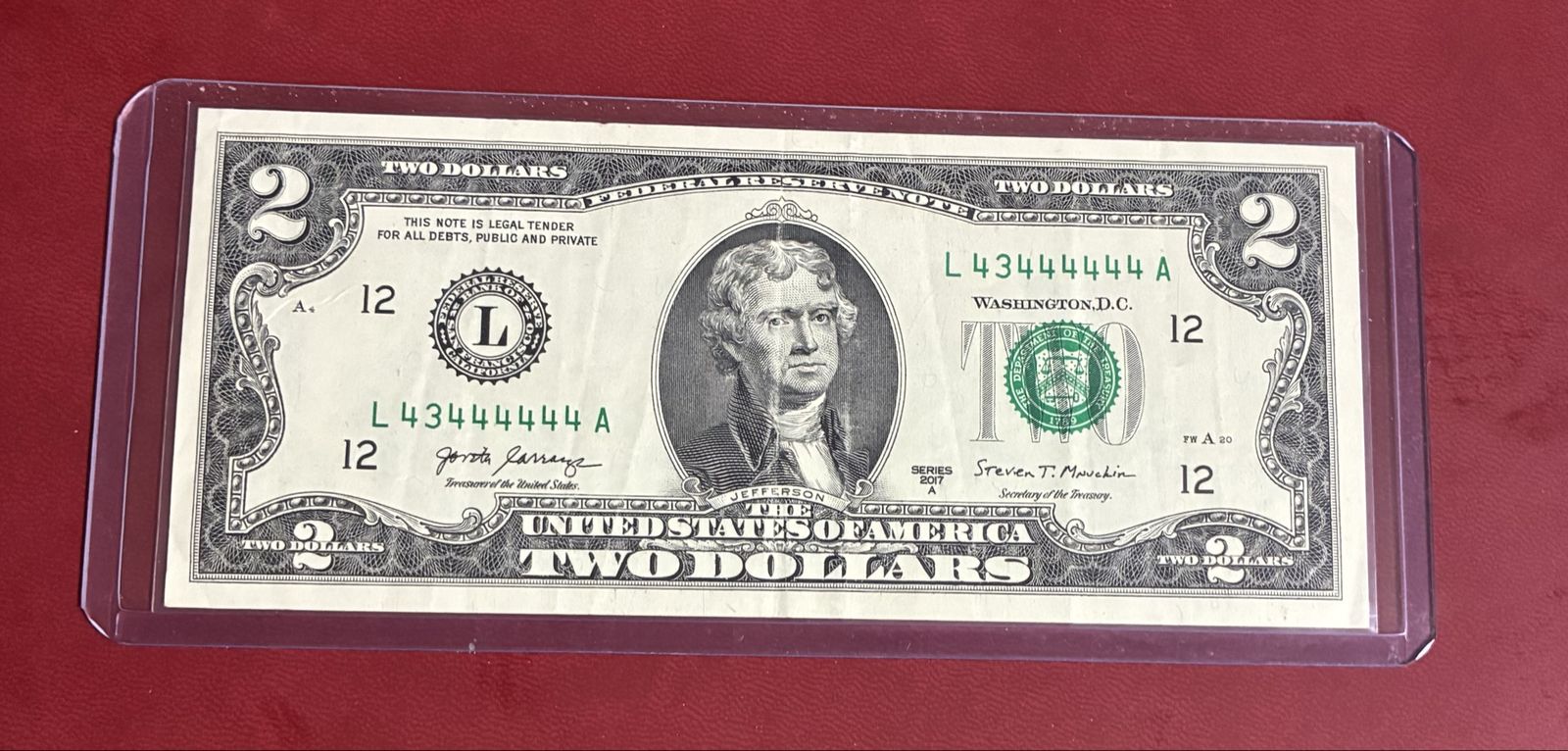 2017A $2 Two Dollar Bill L43444444A Fancy Solid Serial Number Currency Money Note