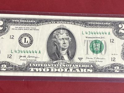 2017A $2 Two Dollar Bill L43444444A Fancy Solid Serial Number Currency Money Note