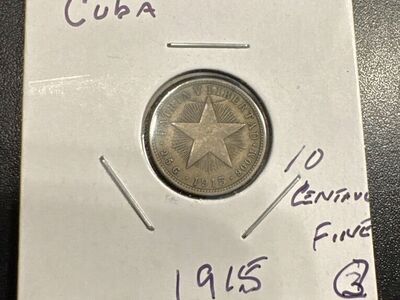 Cuba 1915, 10 Centavo Coin Rare Silver