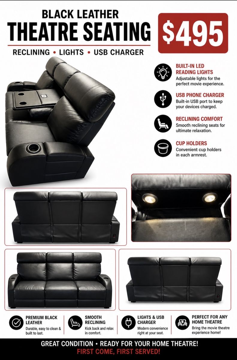 Black Leather Reclining Theatre Seating with LED Lights, USB Charger & Cup Holders
