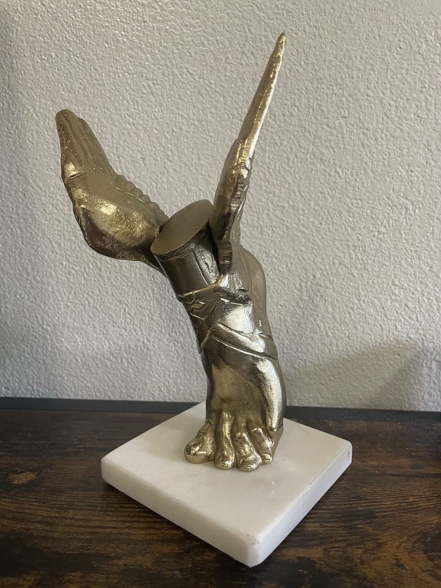 Winged Foot Hermes Greek God Statue Sculpture Gold Finish Marble Base 8.5"