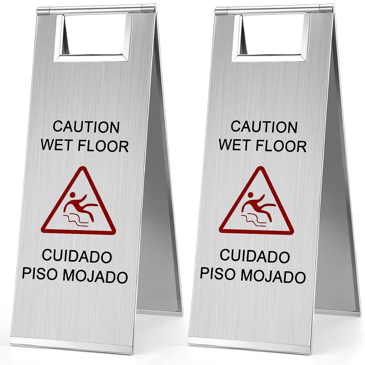 2 Pcs 24" Stainless Steel Caution Wet Floor Sign Double Sided, Foldable, Bilingual, Silver