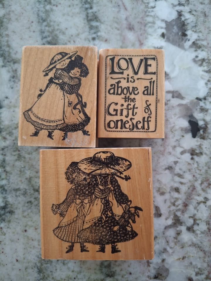 Vintage Delafield Stamp Company wood mount---Prairie Girls, and Sentiment stamp