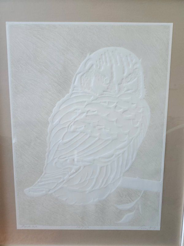 Framed Owl Art Print - Embossed Textured White Relief Sculpture on Brown Mat by Ernest Lacy 1977