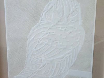 Framed Owl Art Print - Embossed Textured White Relief Sculpture on Brown Mat by Ernest Lacy 1977