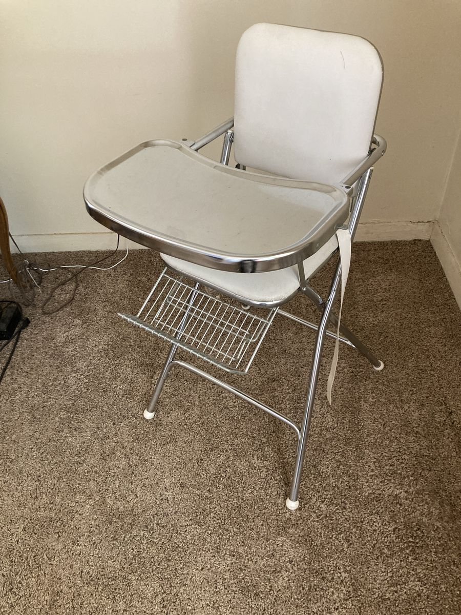Vintage Cosco High Chair - White & Chrome Folding Baby Feeding Seat with Tray