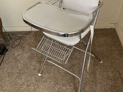 Vintage Cosco High Chair - White & Chrome Folding Baby Feeding Seat with Tray
