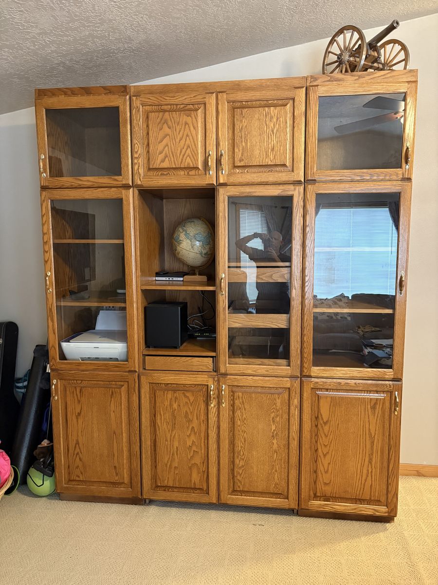 Oak Wood Media Center Wall Unit with Glass Doors, Drawers, & Shelving