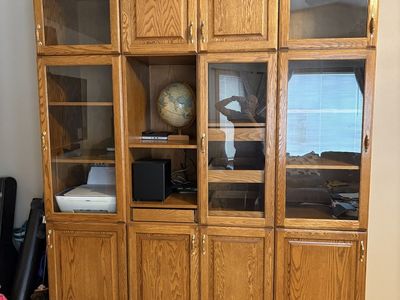 Oak Wood Media Center Wall Unit with Glass Doors, Drawers, & Shelving