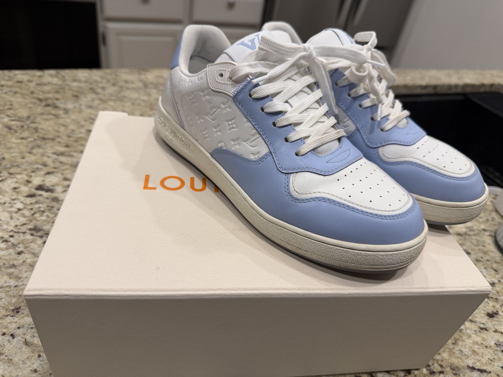 Louis Vuitton LV Trainer White and Light Blue Leather Sneakers Size 8