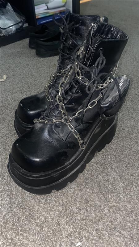Size 8 dolls Kill black platform boots with chains and mini bag accessory