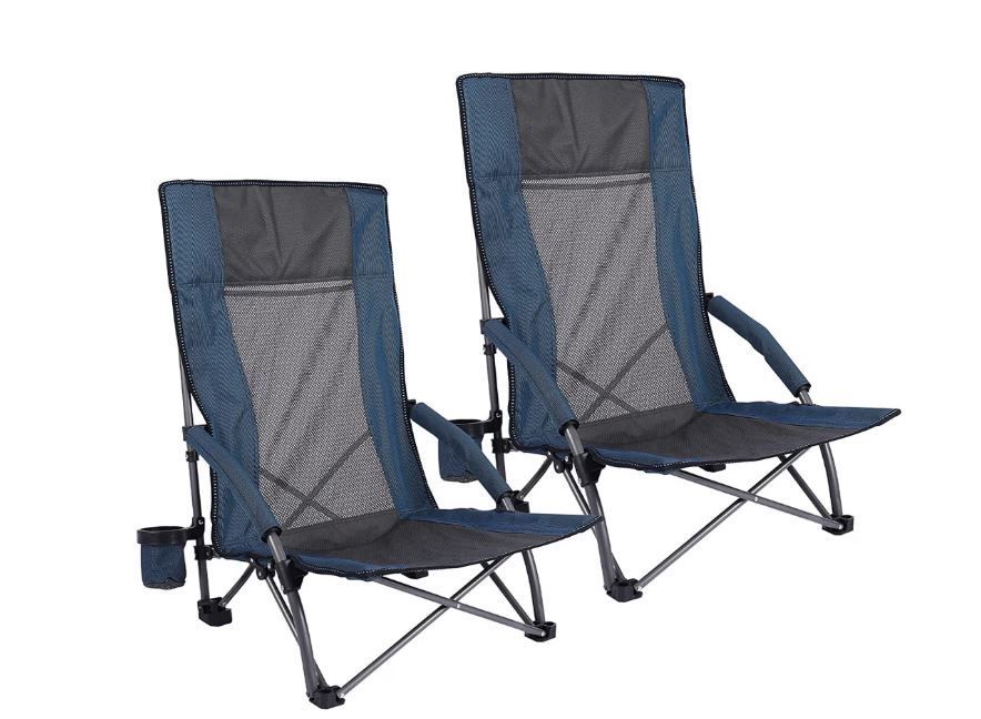 NEW! Folding Beach Chairs High Back for Adults, Set of 2 w/Carrying Bag, Blue