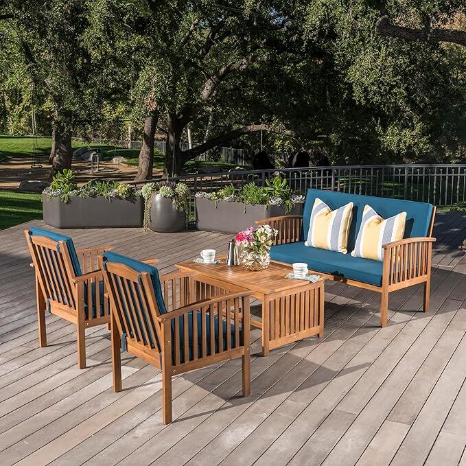 Acacia Wood 4-Piece Outdoor Patio Sofa Sectional Set with Solid Wood Coffee Table Blue (CD)