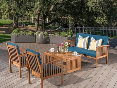 Acacia Wood 4-Piece Outdoor Patio Sofa Sectional Set with Solid Wood Coffee Table Blue (CD)