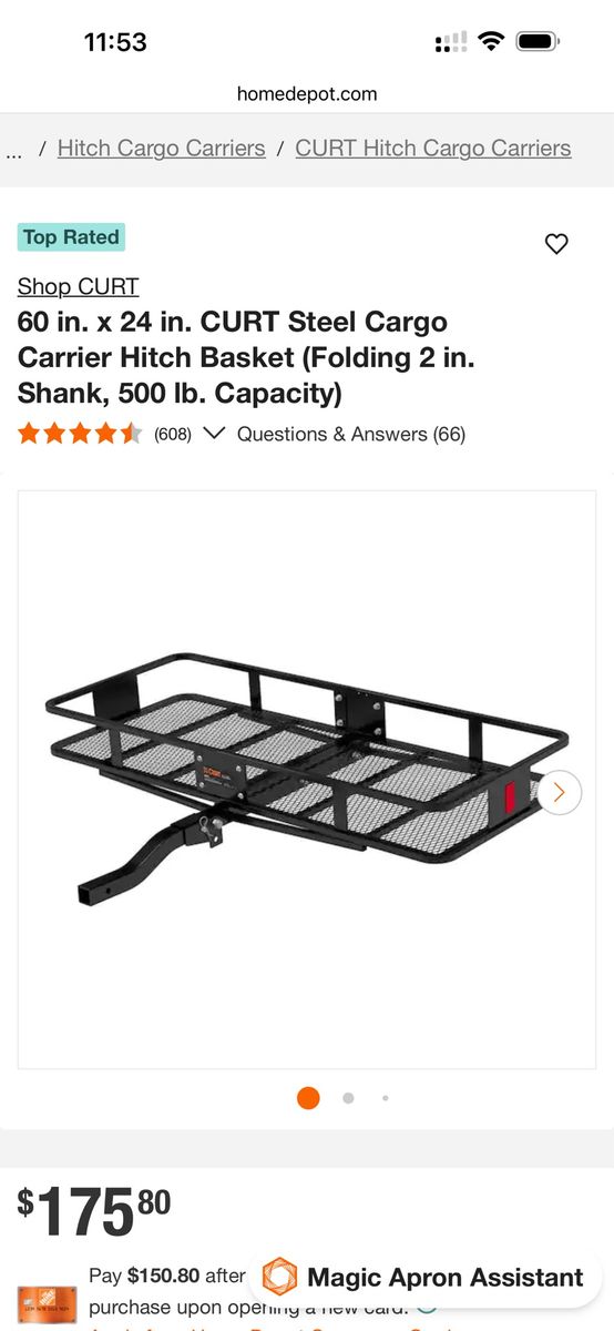 CURT 60x24" Folding Steel Hitch Cargo Carrier Basket, 2" Shank, 500lb Capacity