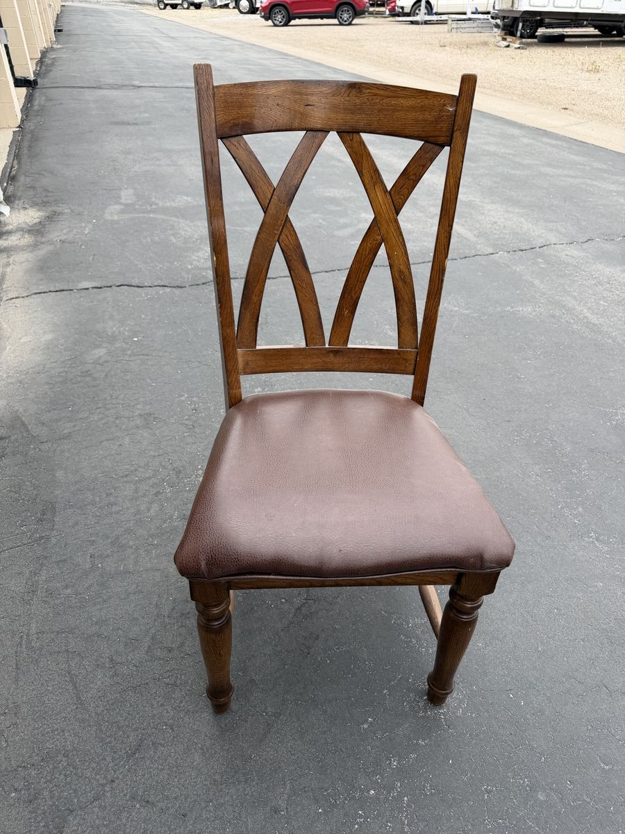 Wooden Dining Chair with Lattice Back and Brown Faux Leather Seat set of 6