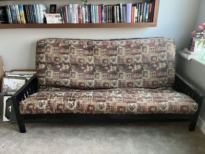 Queen Size Wood Futon Couch & Bed + Mattress – Black Frame