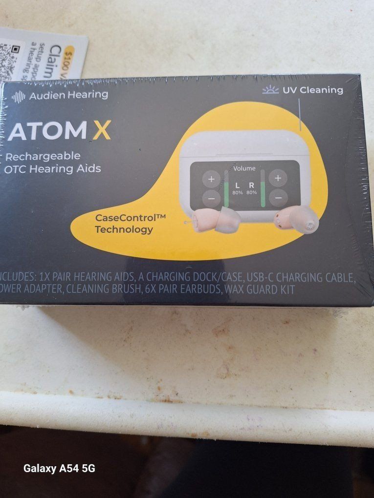 Audien Atom X Rechargeable OTC Hearing Aids with UV Cleaning & CaseControl Technology - New